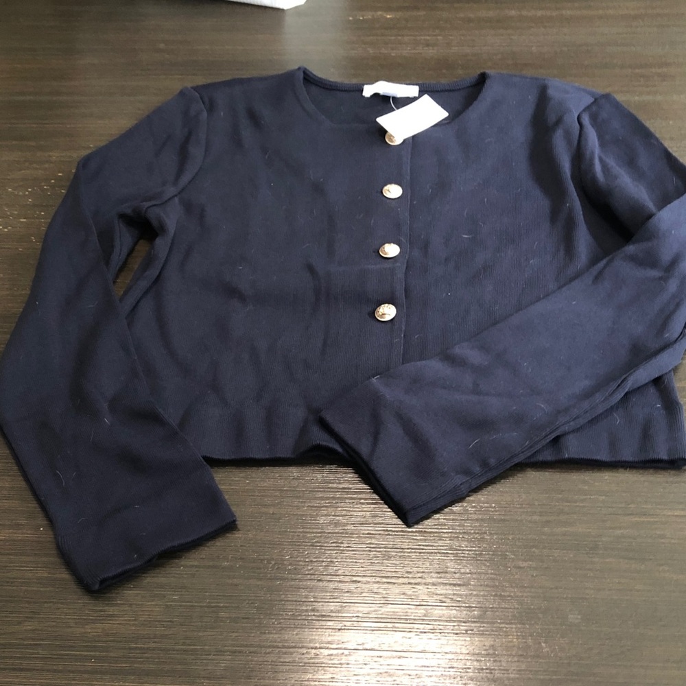 Ann Taylor Navy Cropped Cardigan with Gold Buttons